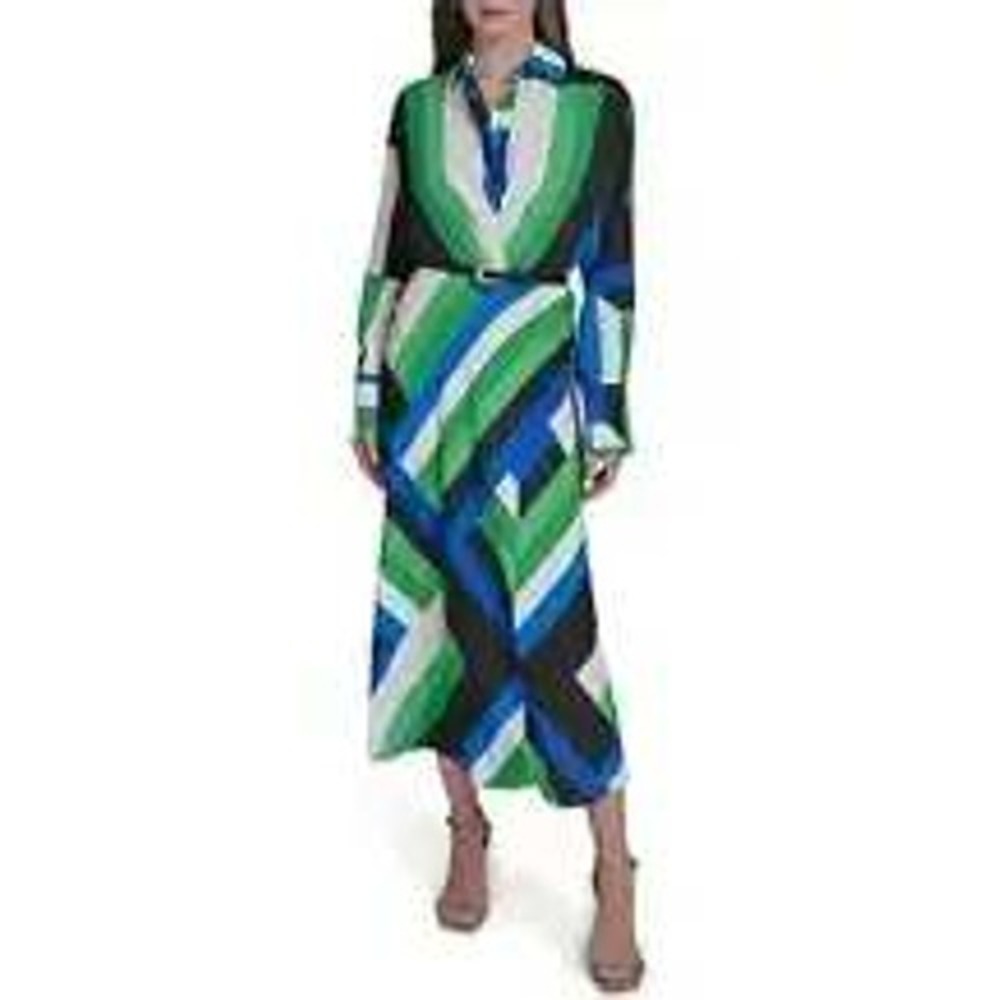 NWT $139 Halston Geometric Print LS Wrap Dress Blue Green Black White Size 6